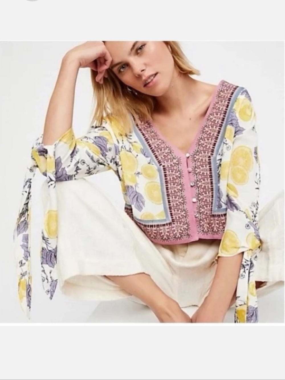 NEW Free People Freshly Squeezed Lemon Cropped Tie Sleeve Blouse Shirt Top Large